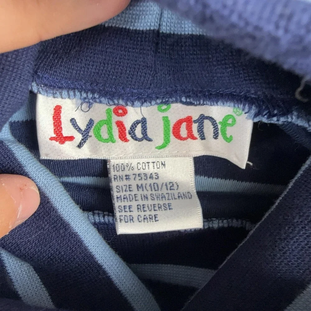VTG Lydia Jane Shirt Girls 10/12 Blue Navy Striped Turtleneck Long Sleeve Cotton